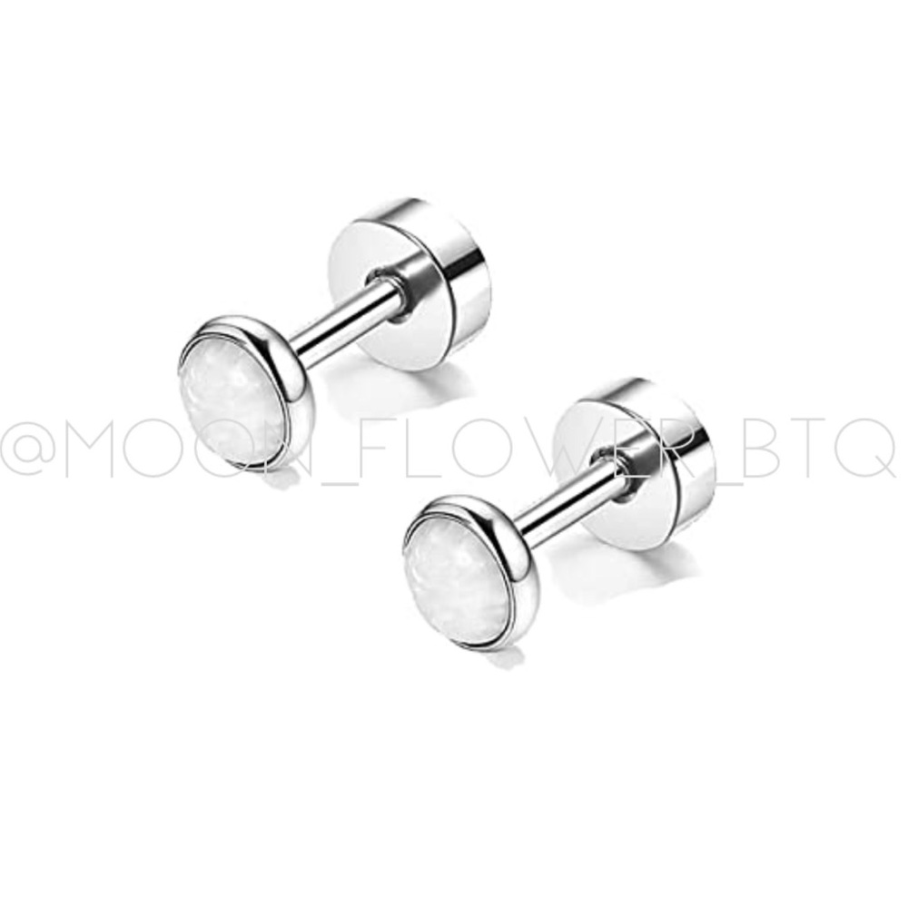 Tiny White Opal Flat Back Earrings - Stainless Steel Lobe Cartilage Tragus Studs